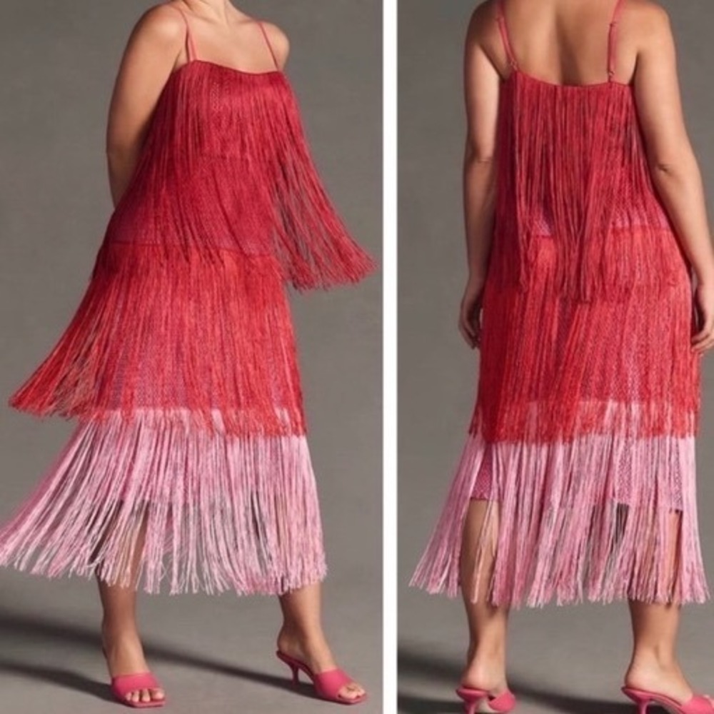 Anthropologie Let Me Be Red Pink Fringe Ombre Midi Dress Party Wedding Guest c5